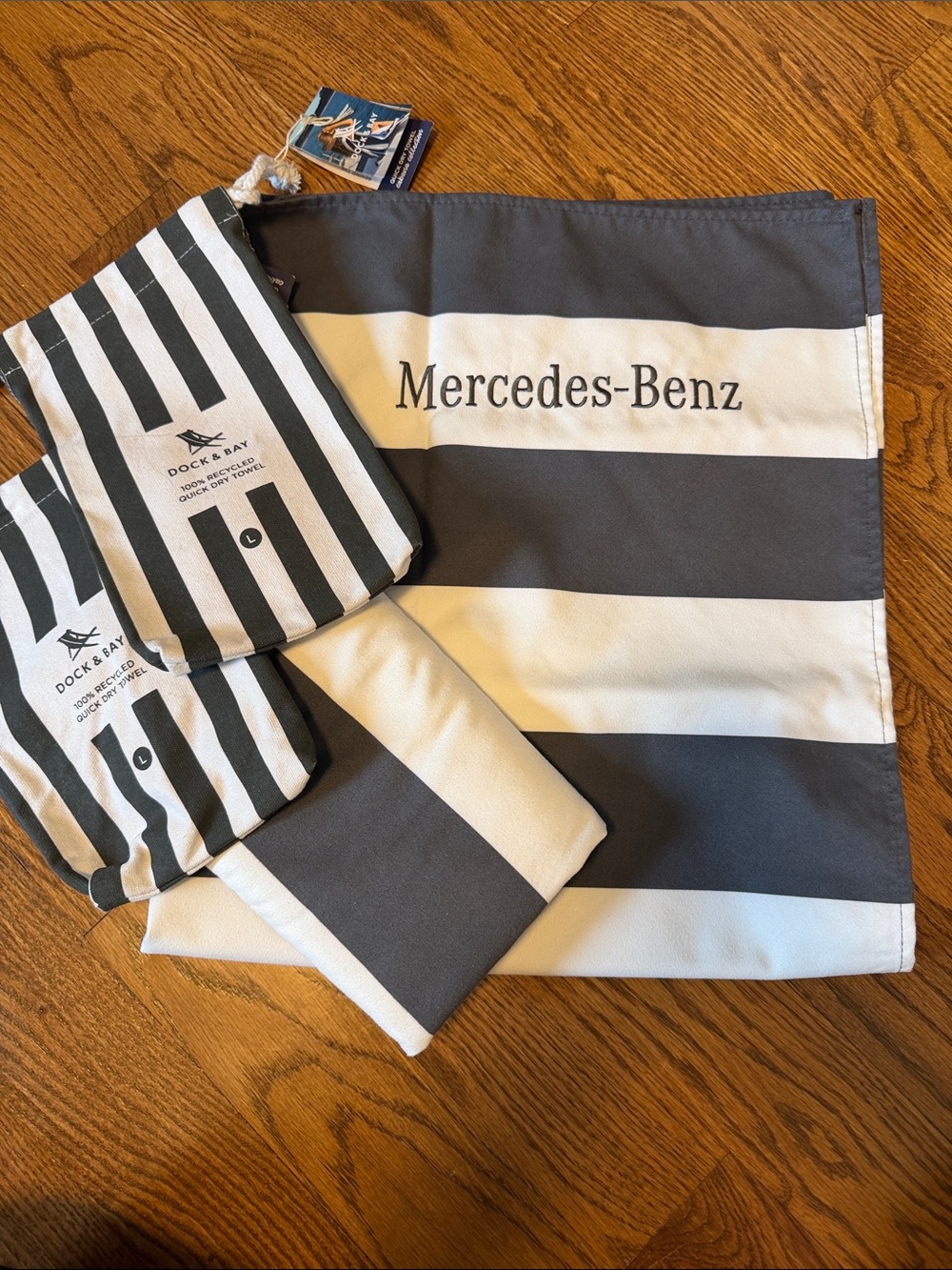 Dock & Bay grey white striped quick dry towels (2) w/ embroidered Mercedes-Benz